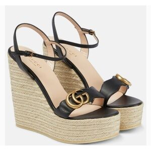 Gucci women's Black GG leather Wedge espadrille Sandals size 41 made in Spain